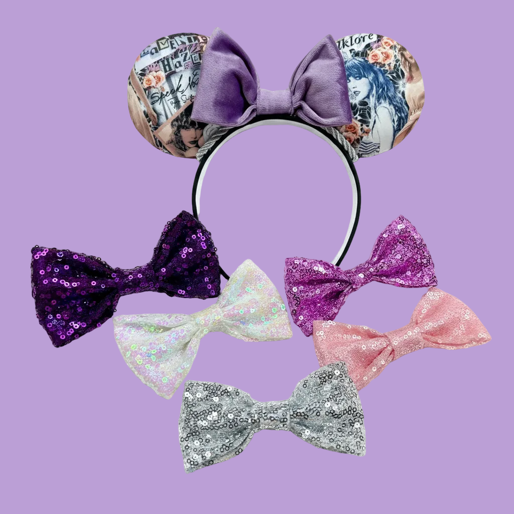 Handmade and ready to ship Lavender Haze Mouse ears with a purple soft velvet bow, silver twisted trim and on a black universal sized headband. Shown with other bow options if you don't want the velvet purple bow.