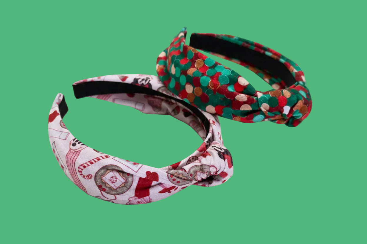 Handmade and ready to ship. Two patterned headbands in Stocking Stuffers and Christmas Color Dots. Made with Cotton Lycra fabric on a universal sized headband. 
