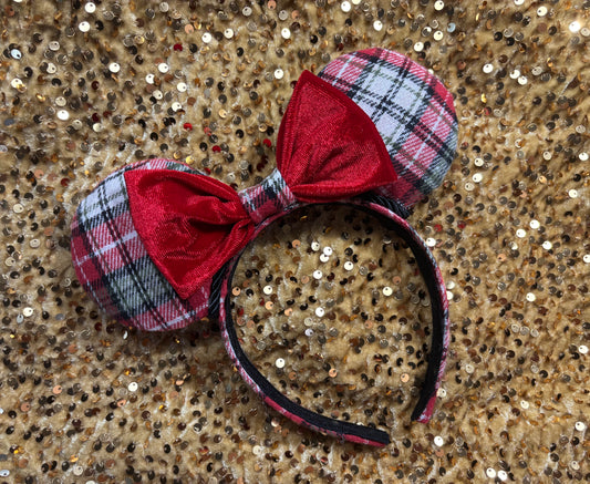 Red Christmas Plaid Mouse Ears - Holiday Headband with Velvet Bow