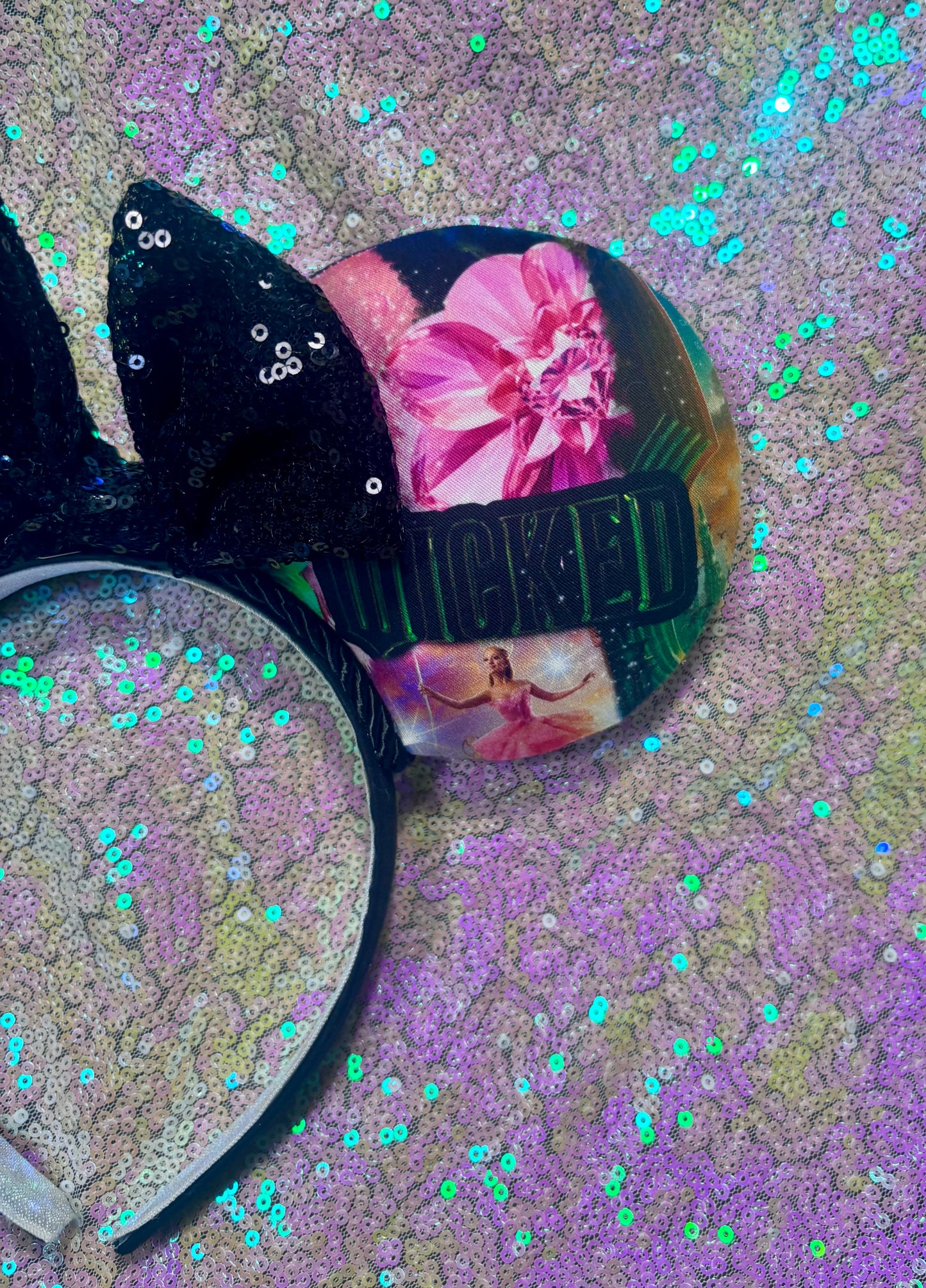 Mouse ears with floral design and black sequin bow 