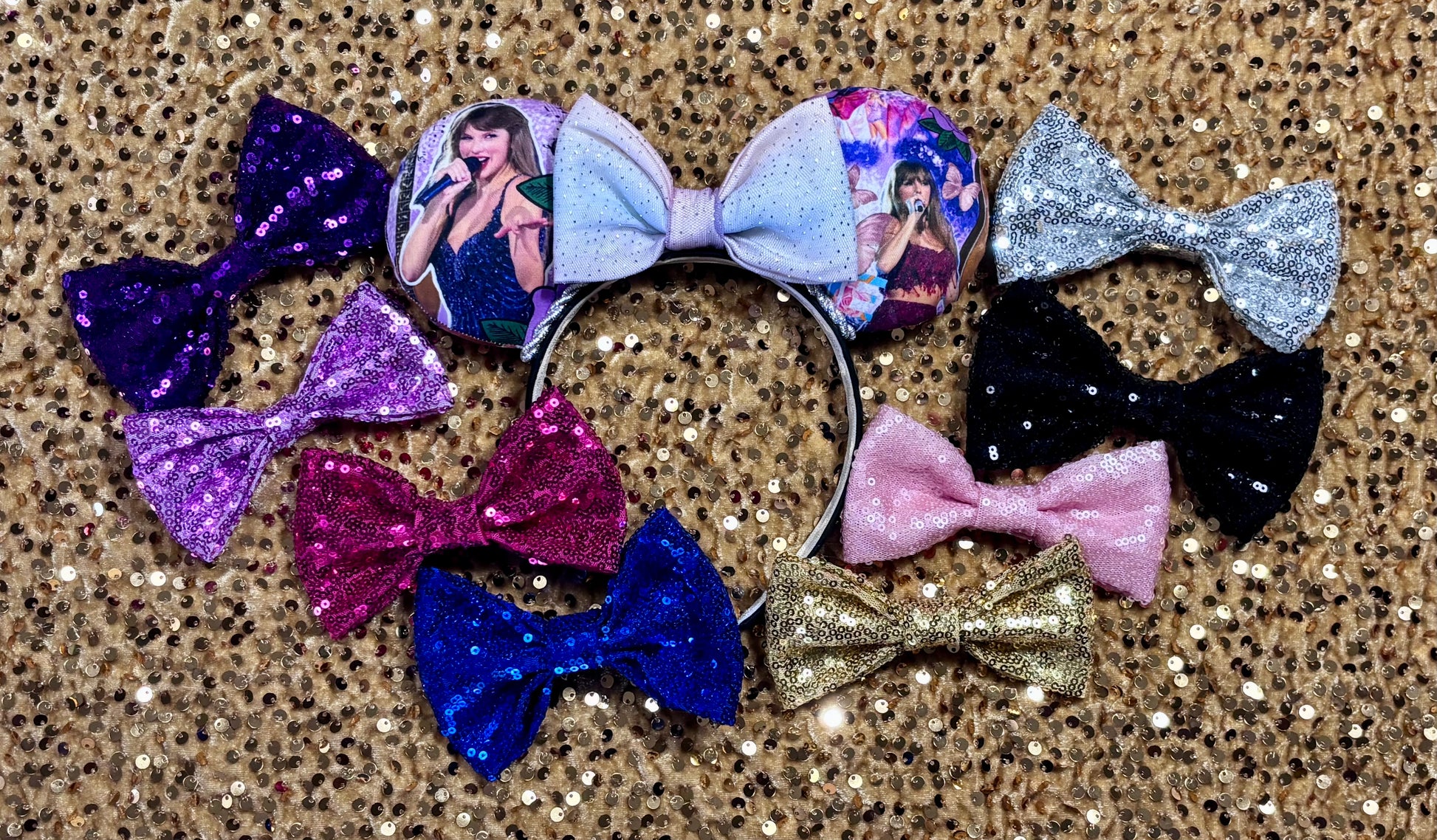 View of mouse ears and all the sequin bows if you want a different one attached. Ears are handmade and ready to ship TS Mouse ears with a new beautiful sewn tulle bow with sparkles on it. Of course, you can still request any bow in sequin if you prefer and I will attach it. Shown on a gold sequin background.