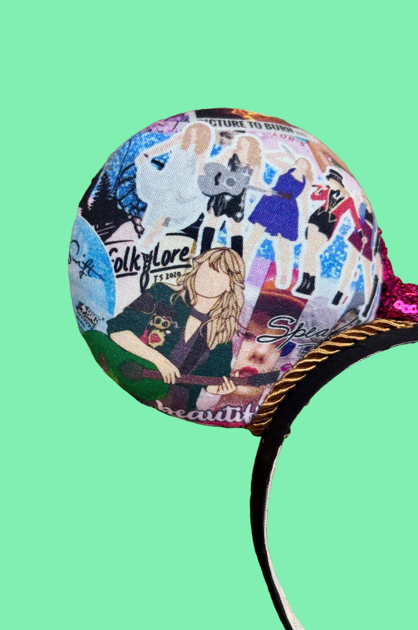 Mouse ears with Tay collage pictures with a pink bow and collage design. Handmade and ready to ship. 
