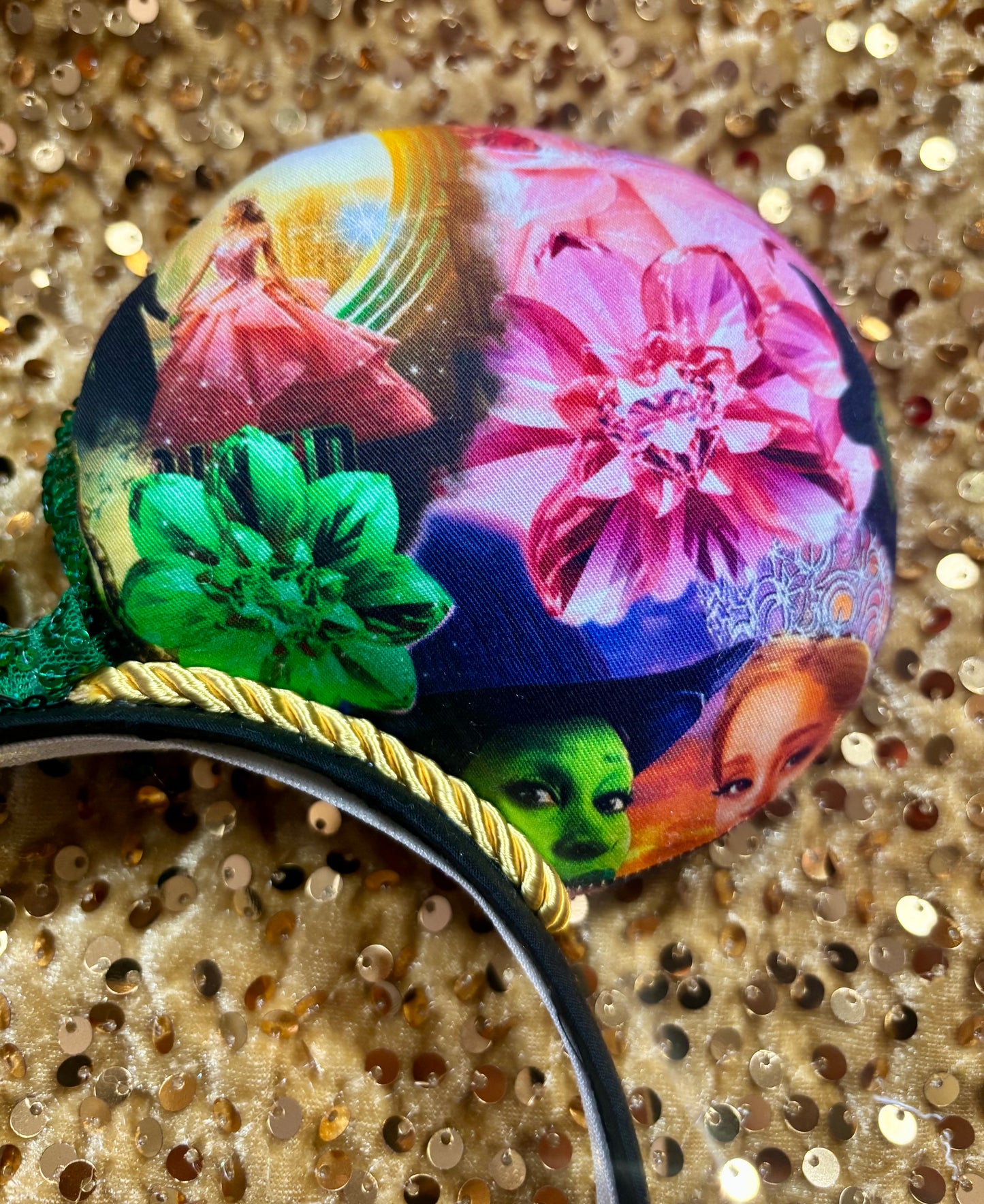 Defying Gravity Mouse Ears – Wicked Inspired Handmade Disney Headband | Green Sequin Bow.