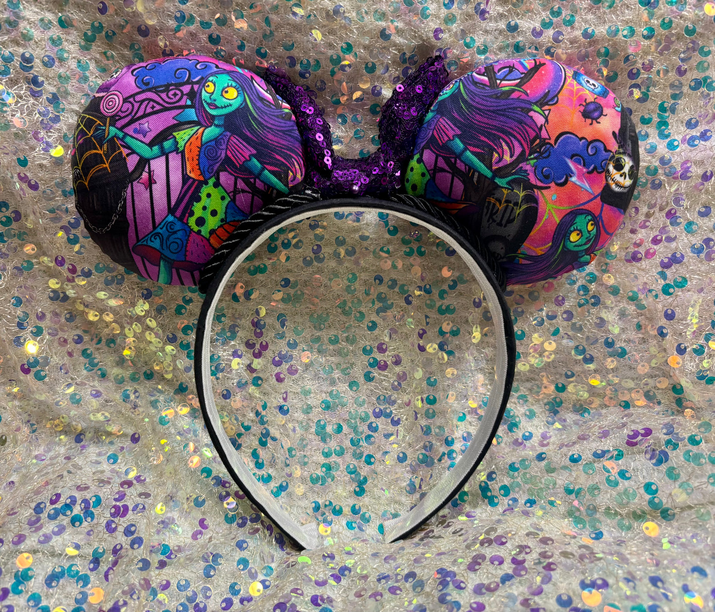 Sally Mouse Ears | Nightmare Before Christmas Patchwork Headband with Sequin Bow