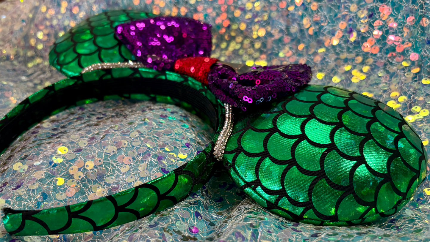 Mermaid Mouse Ears | Handmade Ariel-Inspired Disney Headband with Rhinestone Trim & Dinglehopper Bow