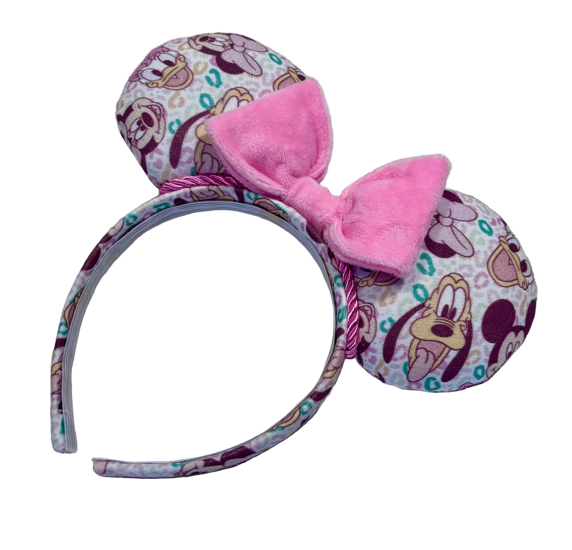 Pink and Leopard print with the fab 5 Mouse ears headband. Handmade and ready to ship Mouse ears with famous Characters on the design and a pink soft bow with pink twisted trim on a universal sized headband.
