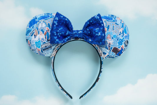 Blue Mouse Ears Headband with Silver Trim & Sequin Bow