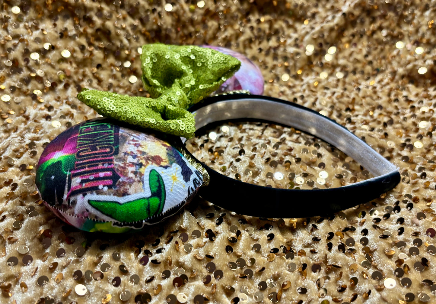 Wicked Collage Mouse Ears – Elphaba & Glinda Inspired Handmade Disney Headband | Pink Sequin Bow