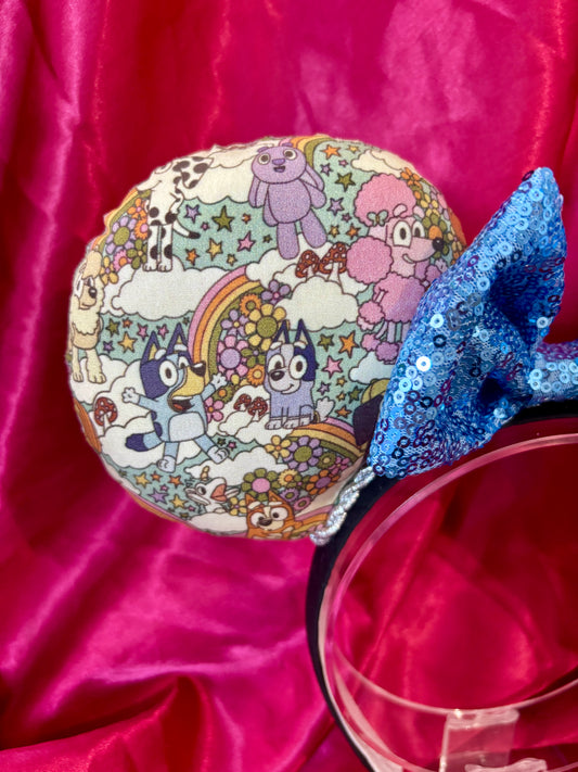Bluey Inspired Mouse Ears | Handmade Disney Headband with Light Blue Sequin Bow