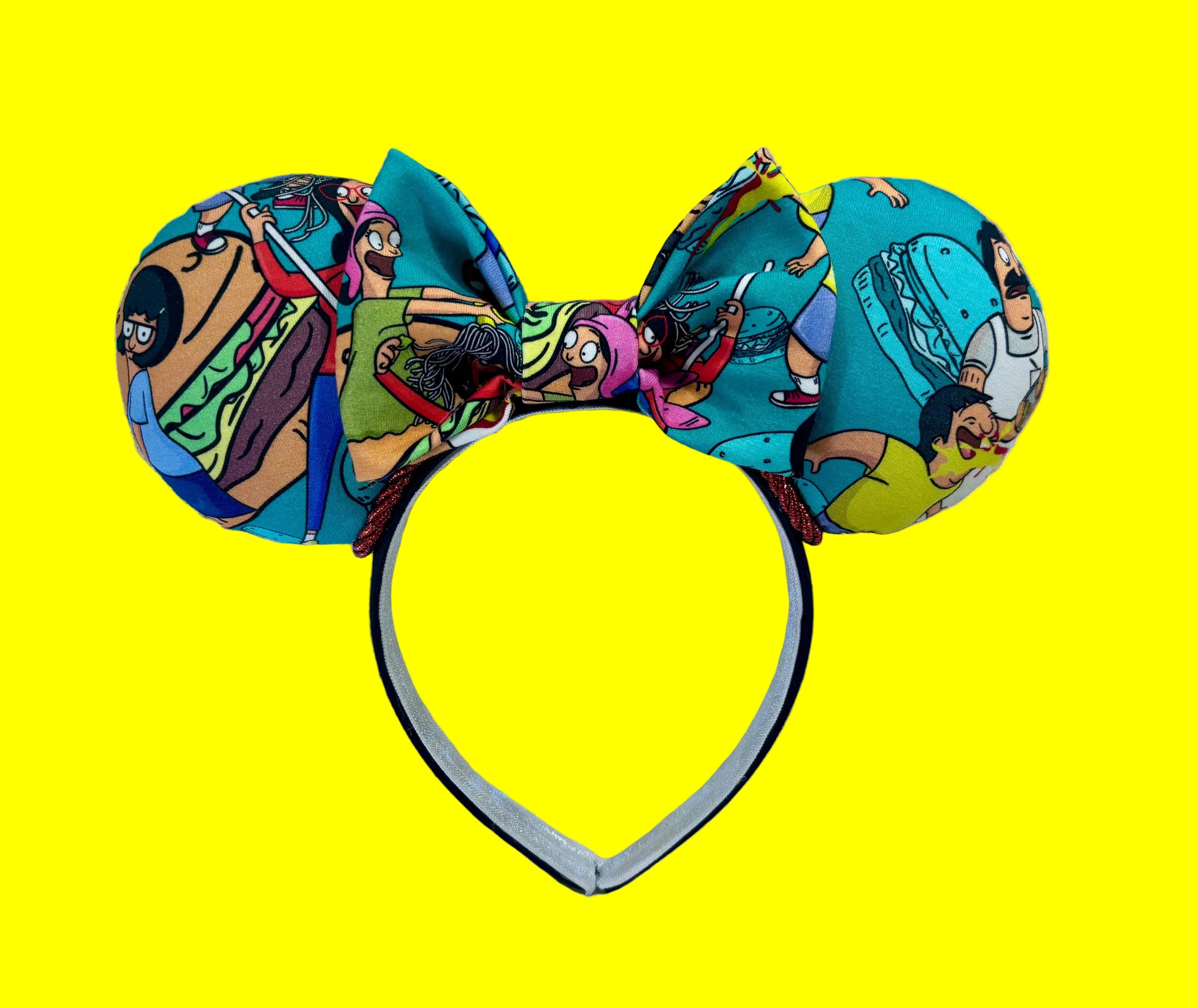 Handmade and ready to ship Burger Boss Mouse ears with the fabric on the ears, front and back and the bow. The headband is a universal sized headband and has black poly cotton fabric on it.