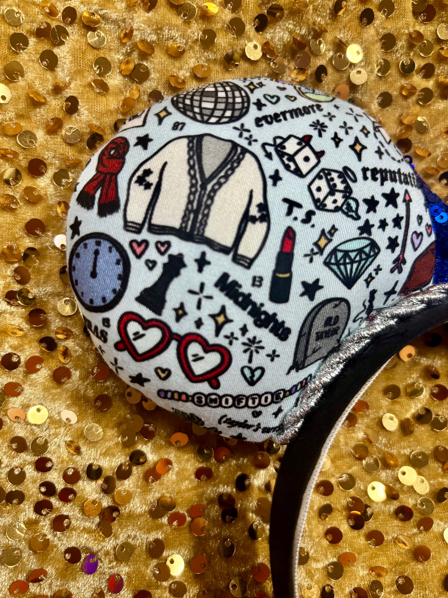 Tay Doodles Mouse Ears | Handmade Taylor-Inspired Doodle Disney Headband with Blue Sequin Bow