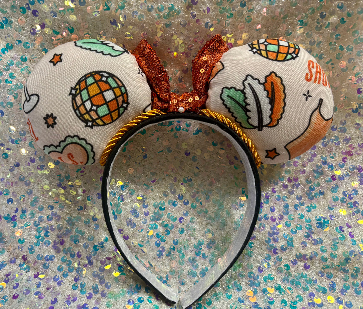 Showgirl Life Mouse Ears | LOAS Inspired Orange & Mint Collage Theme Park Headband