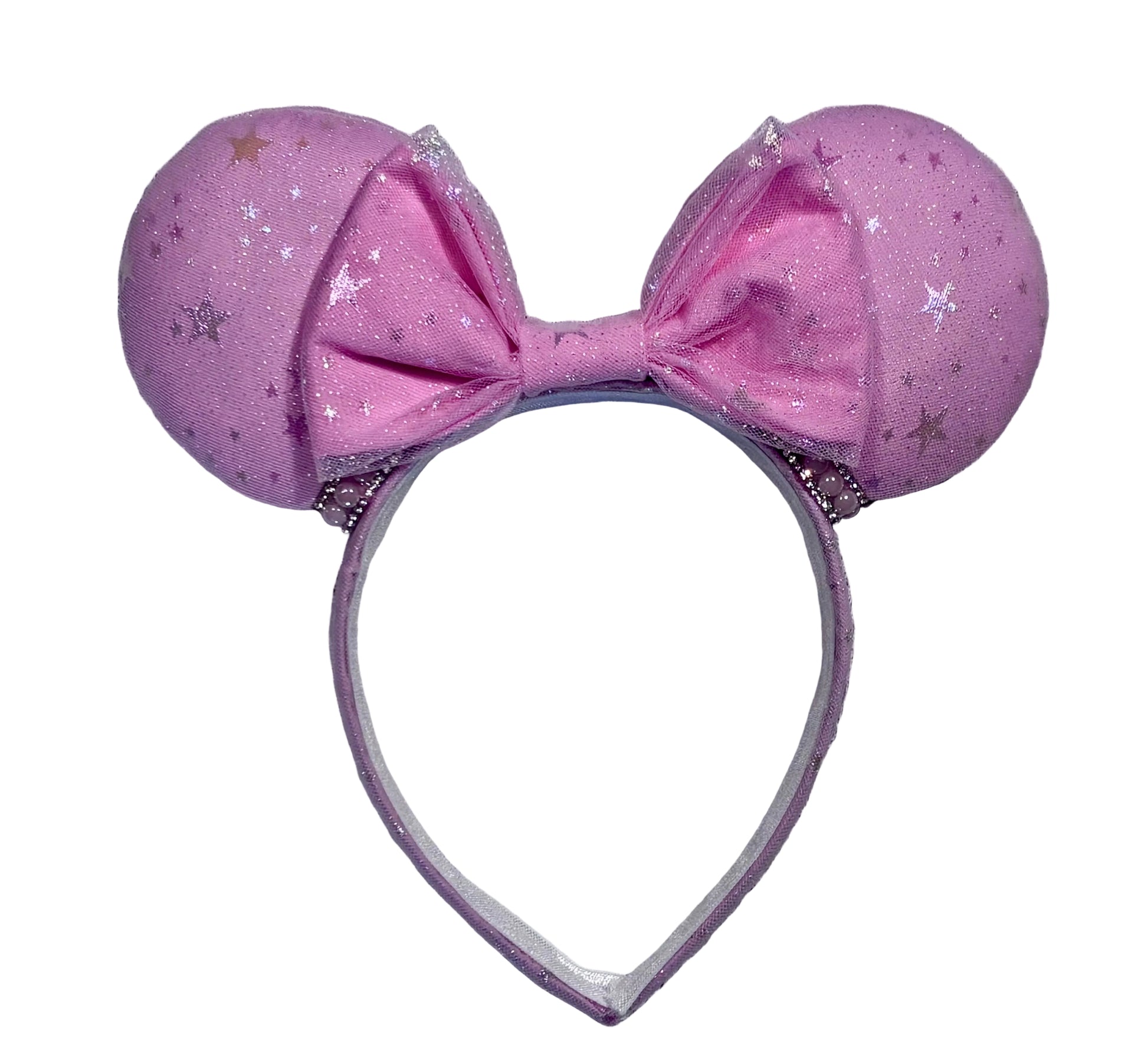 Handmade and ready to ship Pink Sparkling Iridescent fabric on pink to make mouse ears with the fabric on both the front and back along with the headband the is universal sized and fits most. The set has a matching bow, but you can request any sequin color in your order and I'll attach it. Item is shown on a white background.