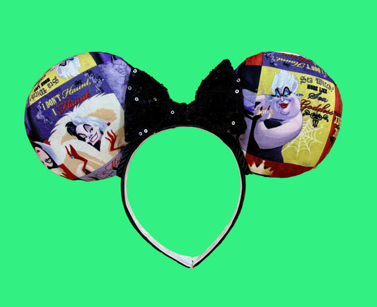 Handmade and ready to ship Villain Mouse ears with a black sequin bow, black twisted trim and on a black universal sized headband.