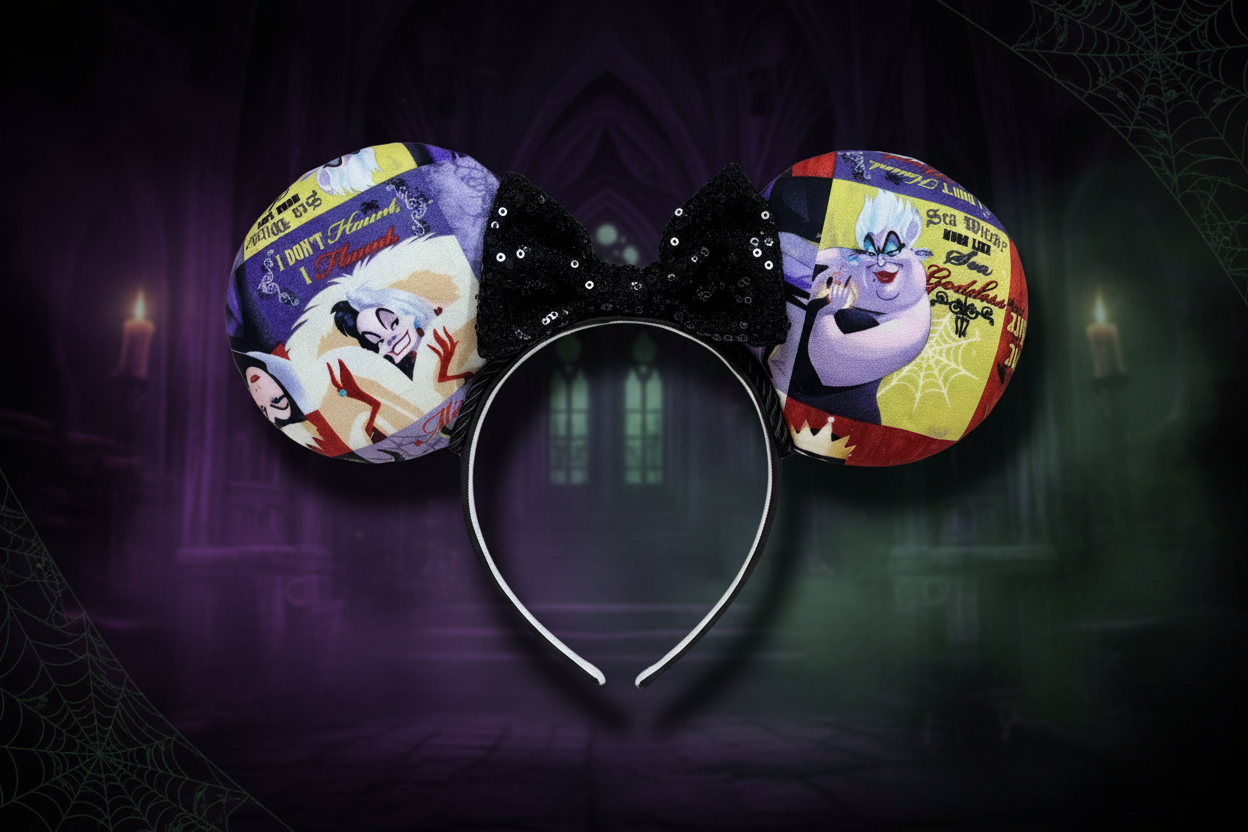 Mouse ears with a cartoon character villians design with a black bow and black twisted trim. Shown on a dark background.