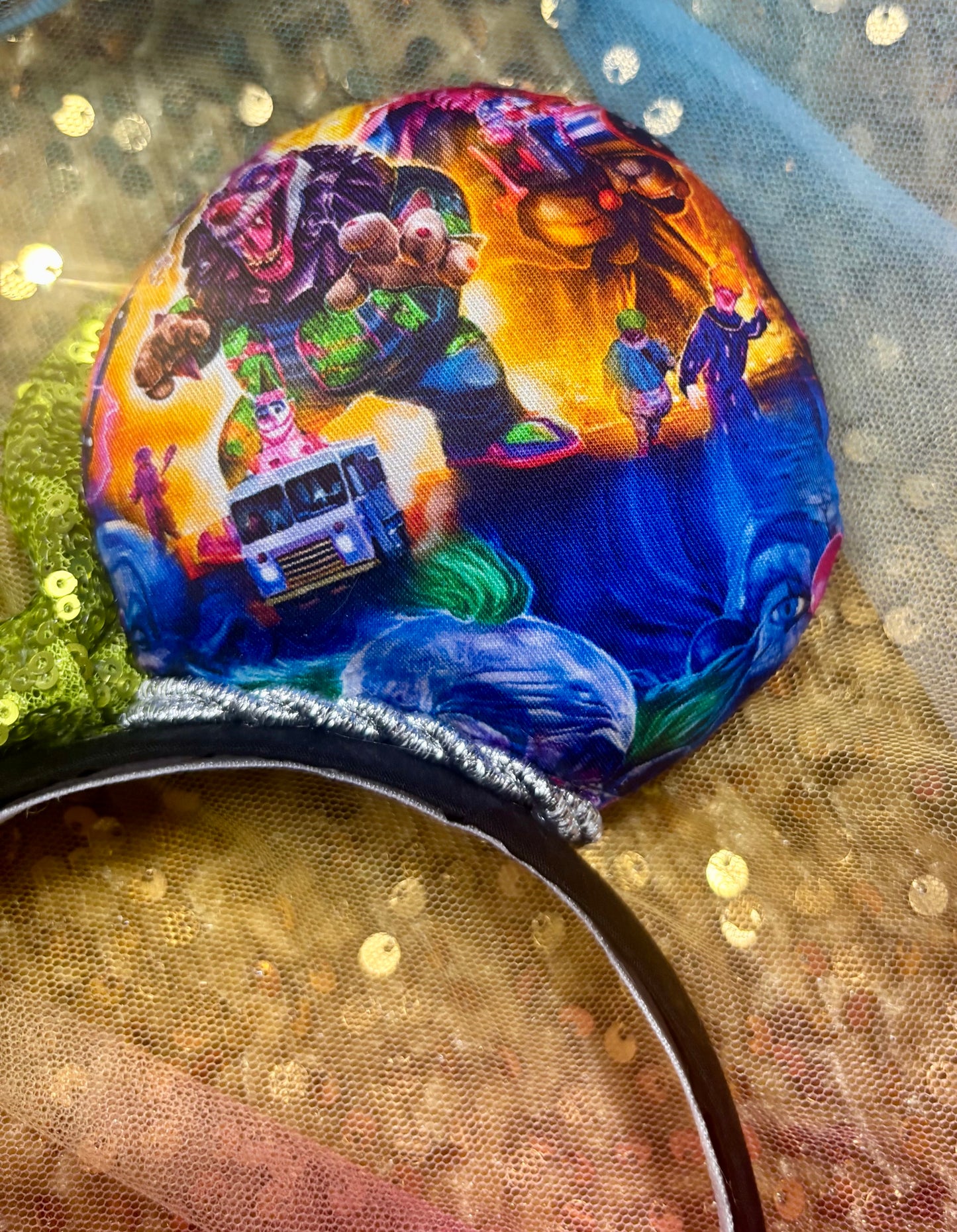 Killer Klowns Mouse Ears | Handmade Horror-Inspired Disney Headband with Lime Green Sequin Bow