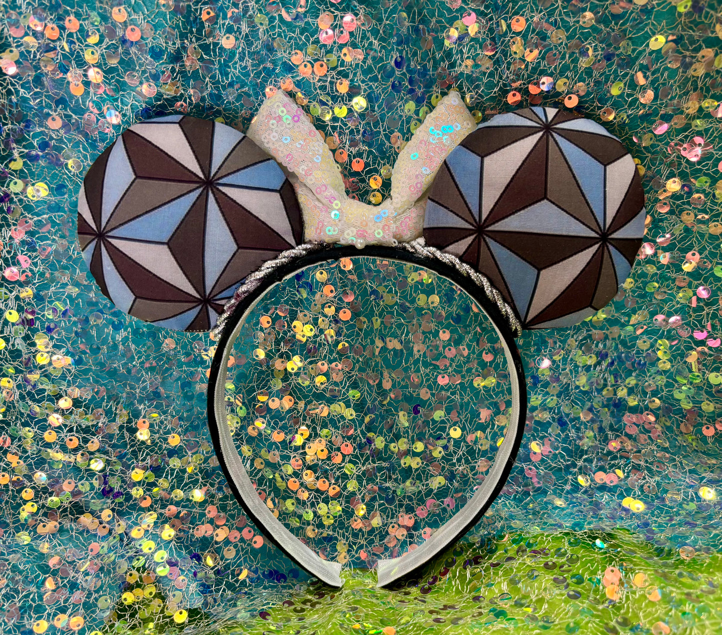 Epcot Inspired Mouse Ears | Handmade Spaceship Earth Disney Headband with Iridescent Sequin Bow