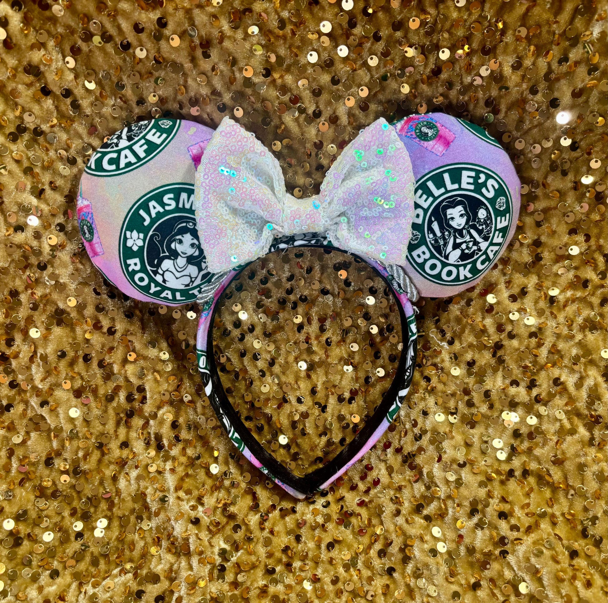 Coffee and Princess themed Mouse ears with a white iridescent sequin bow on a glittery gold background