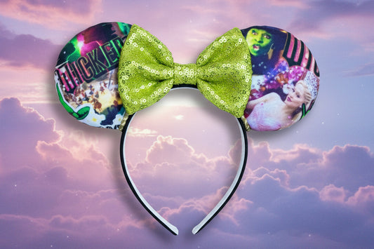 Wicked Collage Mouse Ears | Handmade Disney Headband with Gold Trim & Sequin Bow