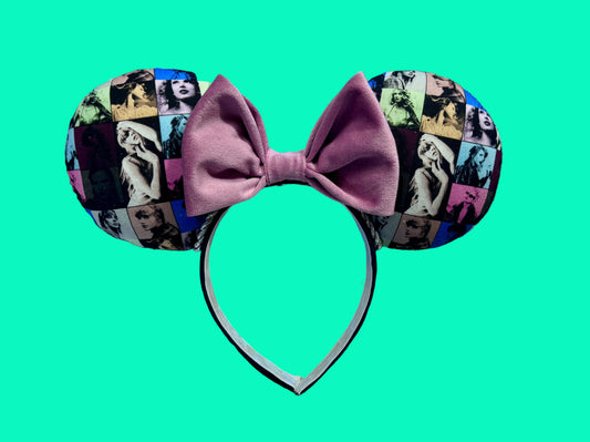 Handmade and ready to ship ERAS 2.0 mouse ears with the fabric on both the front and back. On a black universal sized headband. The set has a DUSTY PINK VELVET bow, but you can request any sequin color in your order and I'll attach it.