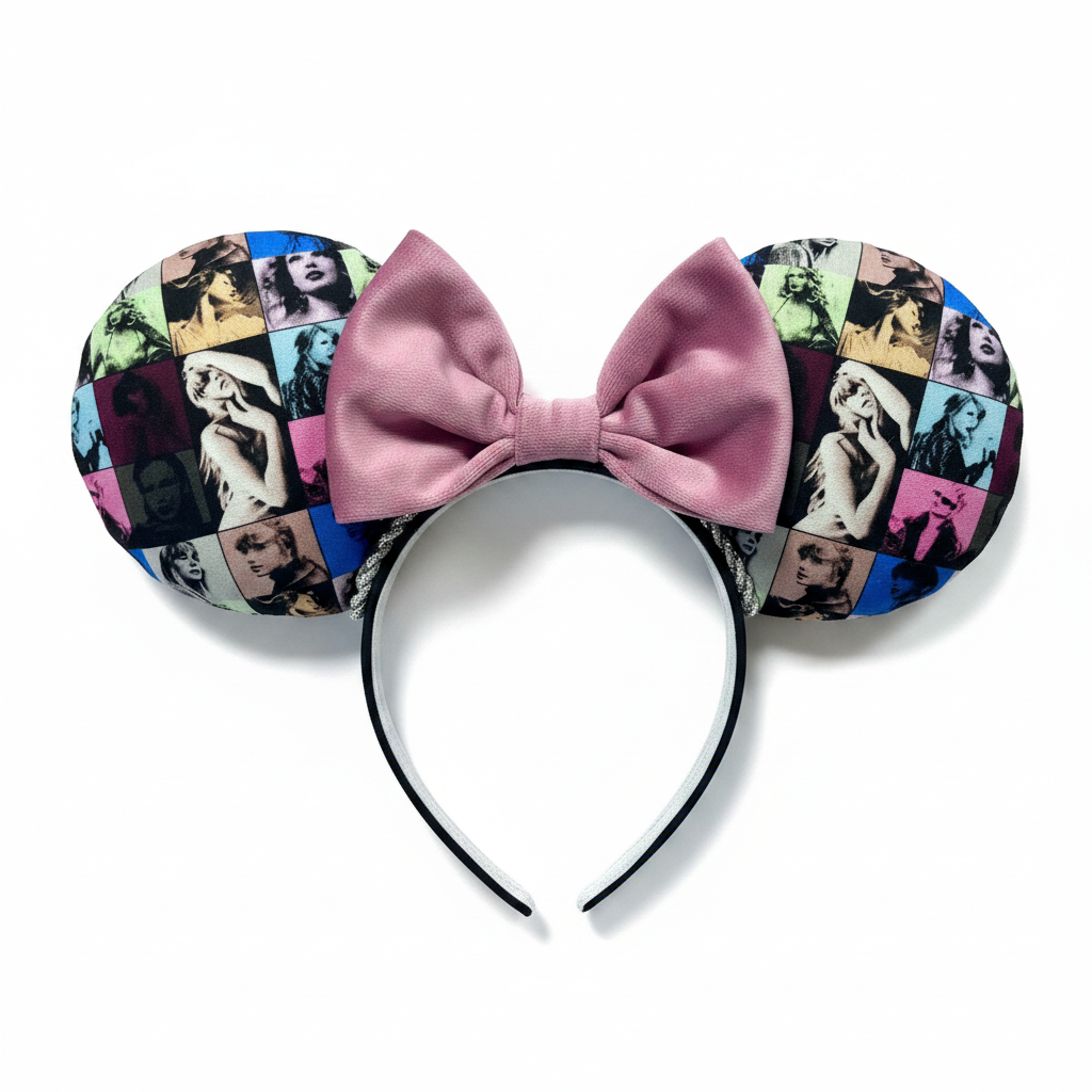 Handmade and ready to ship ERAS 2.0 mouse ears with the fabric on both the front and back. On a black universal sized headband. The set has a DUSTY PINK VELVET bow, but you can request any sequin color in your order and I'll attach it.