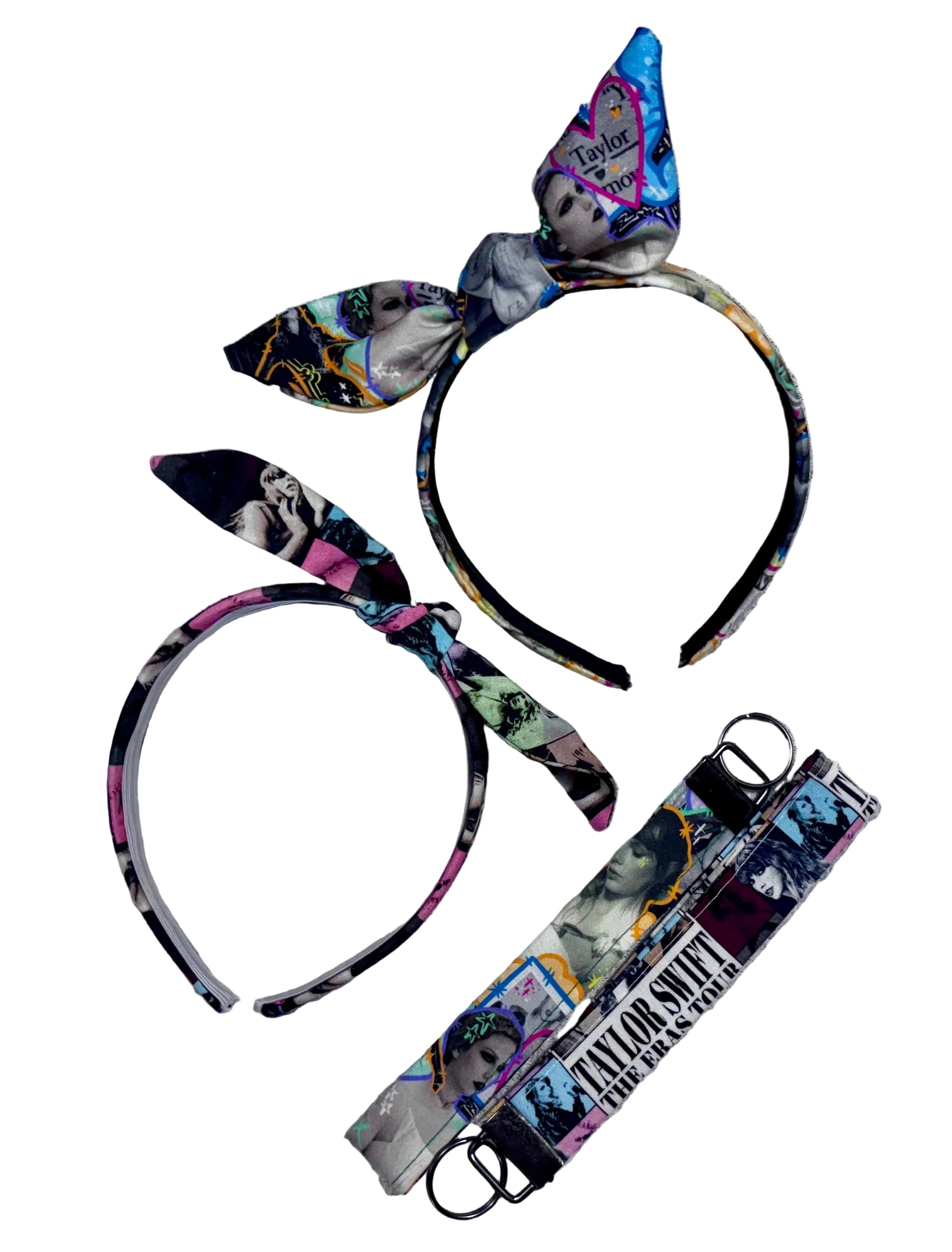 Two headbands and two lanyards with colorful designs in Taylor inspired prints