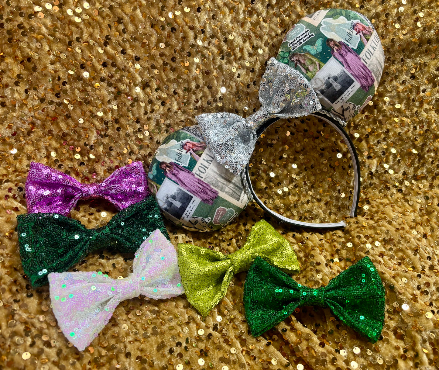 Mouse ears shown with bow color options in purple, greens, white and silver.