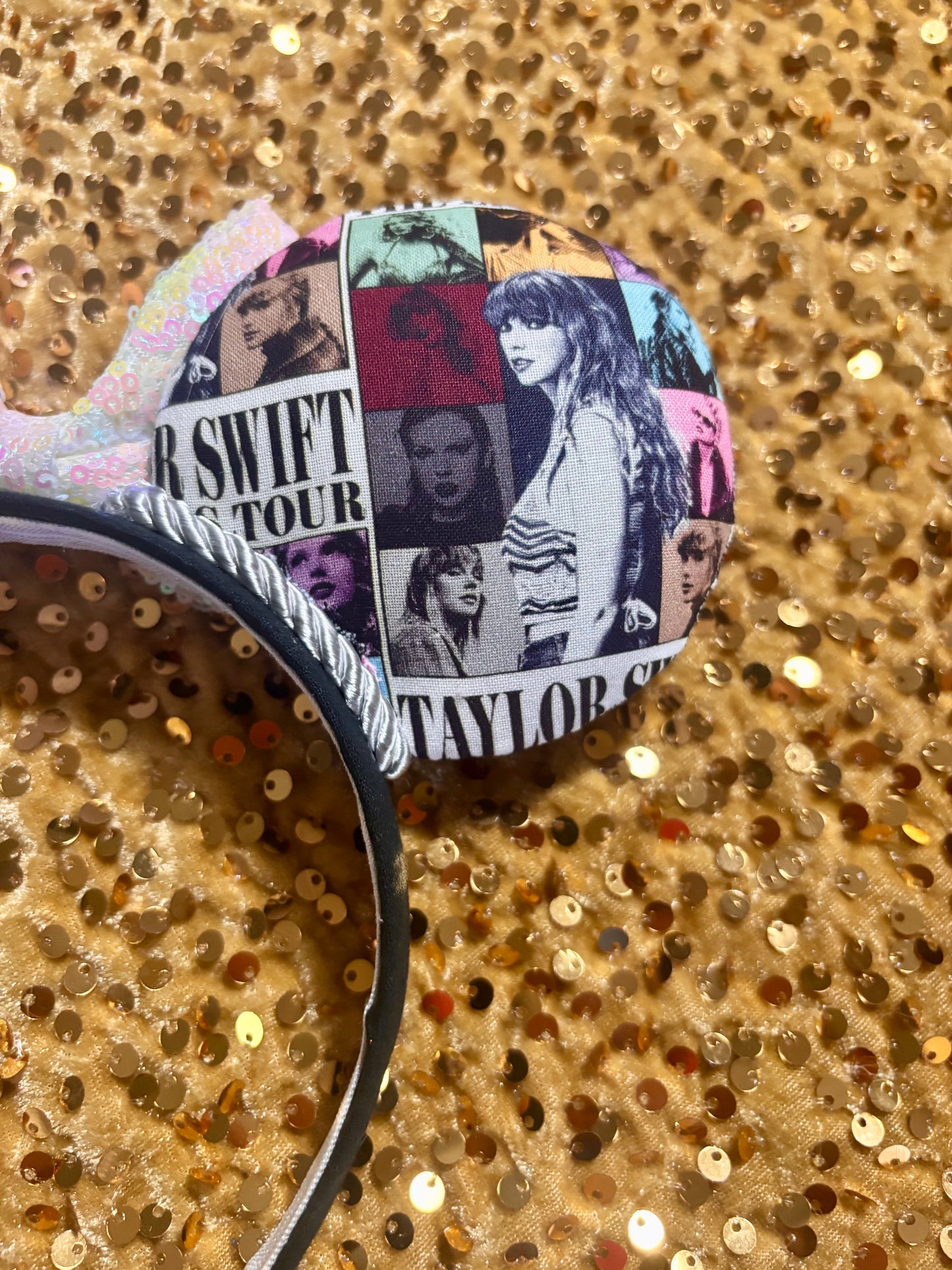Handmade and ready to ship ERAS EARS with the fabric on both the front and back. On a black universal sized headband. The set has a WHITE IRIDECSENT sequin bow, but you can request any sequin color in your order and I'll attach it.