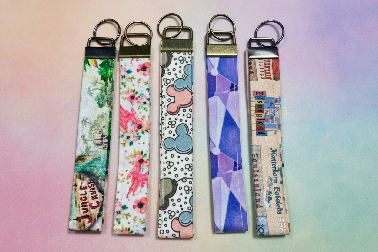 Five colorful keychains with different Disney park inspired patterns on them. Shown on a gradient background
