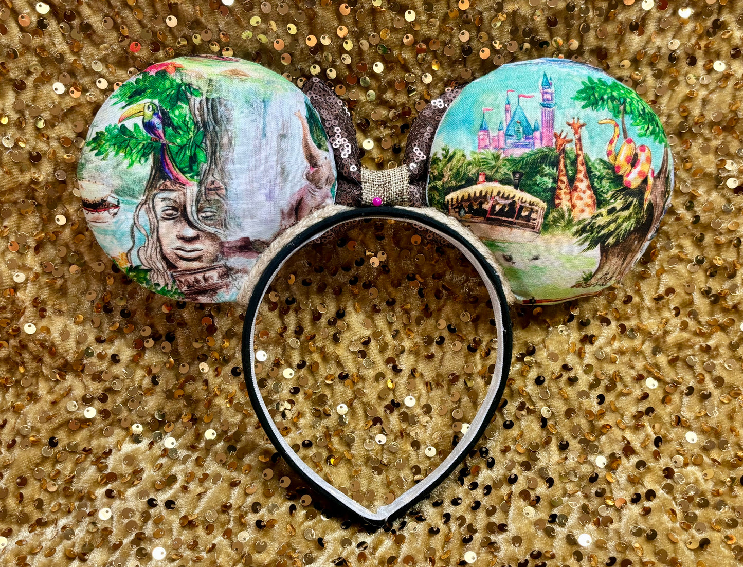 Jungle Cruise Mouse Ears – Magic Kingdom Safari Inspired Handmade Disney Headband | Brown Sequin Bow