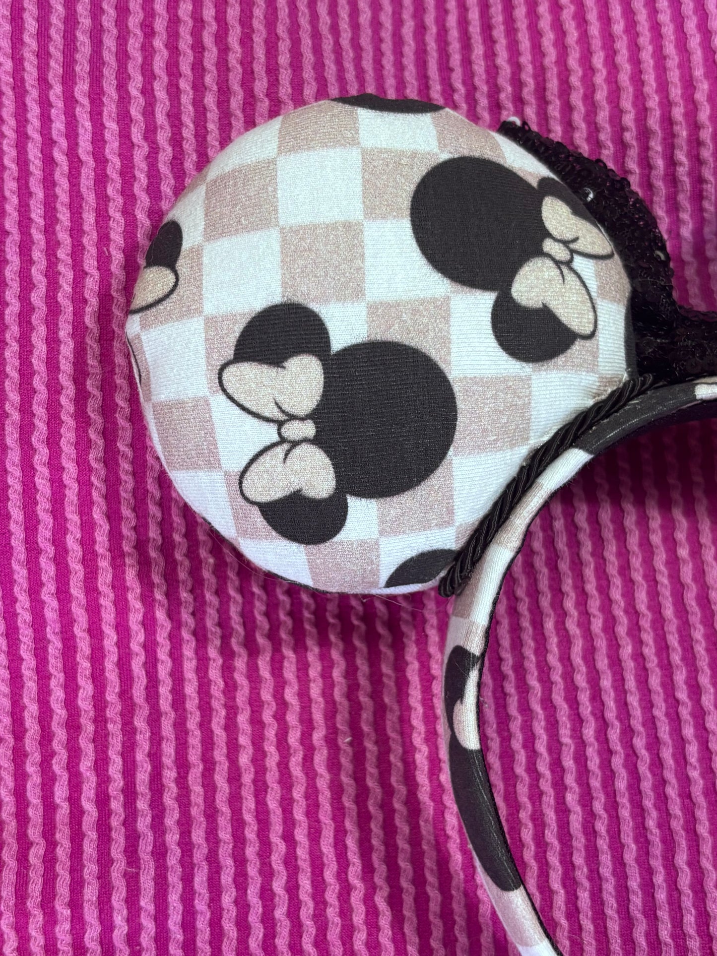 Mouse Checkered Ear Headband – Handmade Sequin Bow Accessory