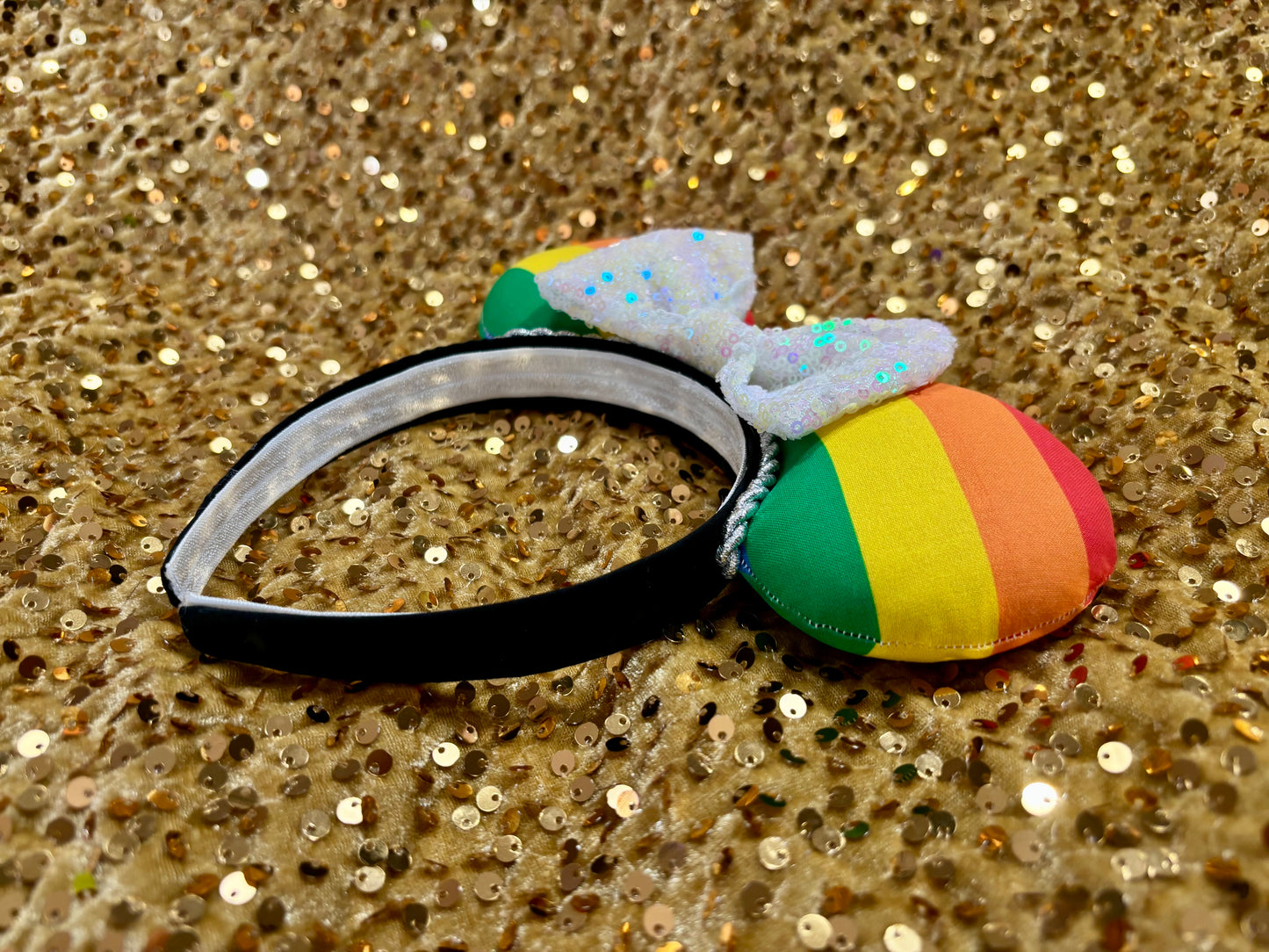 Rainbow Pride Mouse Ears | LGBTQ+ Silver Trim & Iridescent Sequin Bow Headband