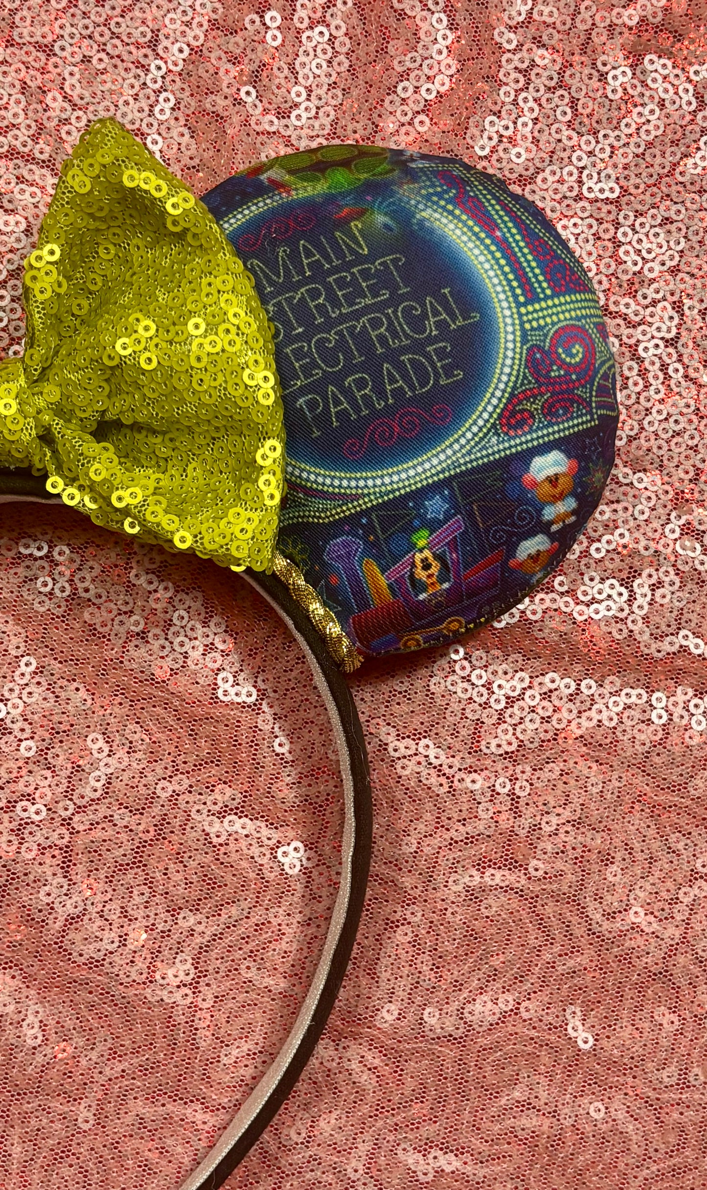 Handmade and ready to ship mouse ears. Mouse ears are on a universal sized poly cotton headband and set comes with a lime green sequin bow. Other colors are available if you leave a note.