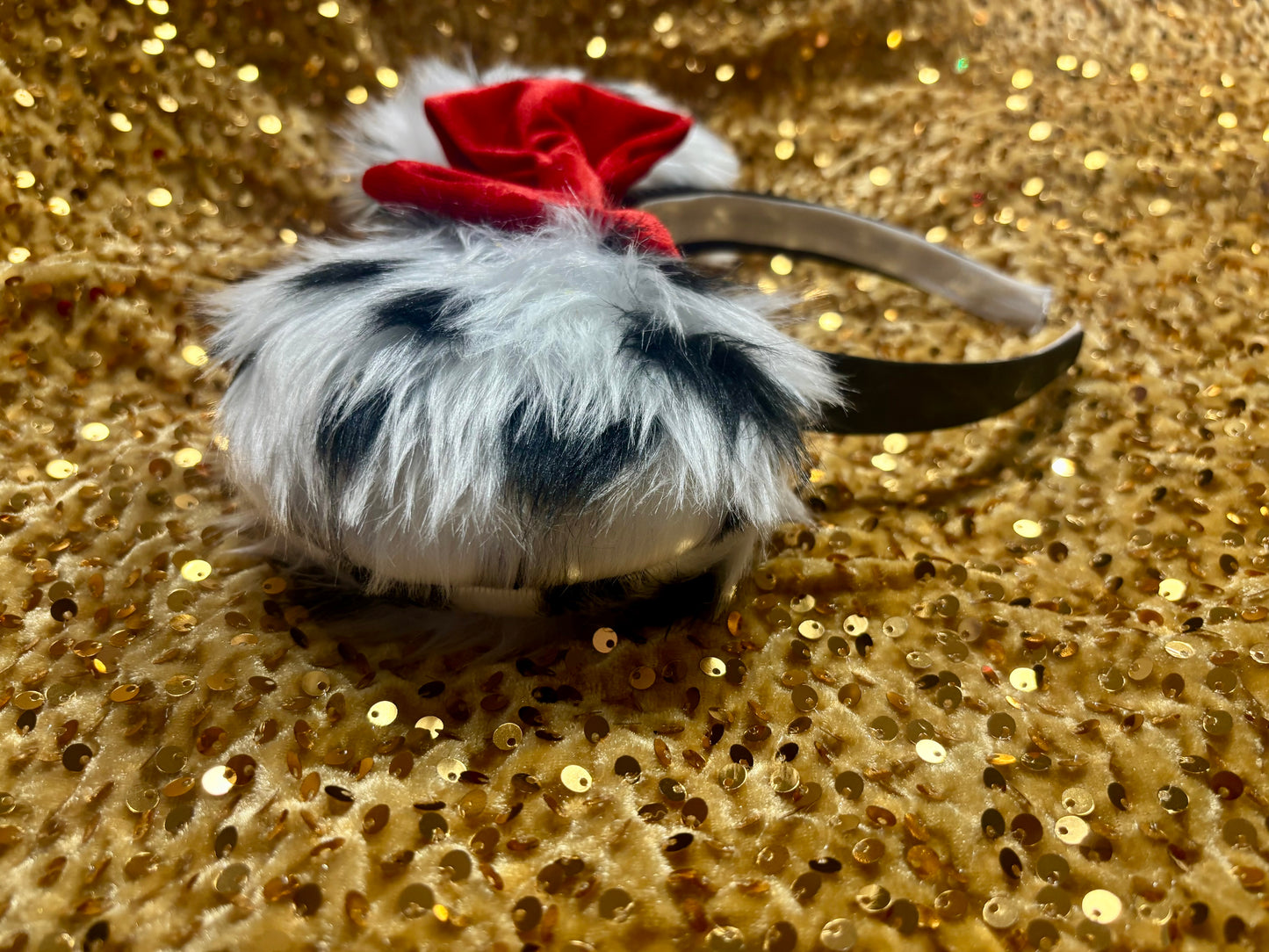 Cruella De Vil Inspired Mouse Ears | Black & White Faux Fur Red Bow Theme Park Headband