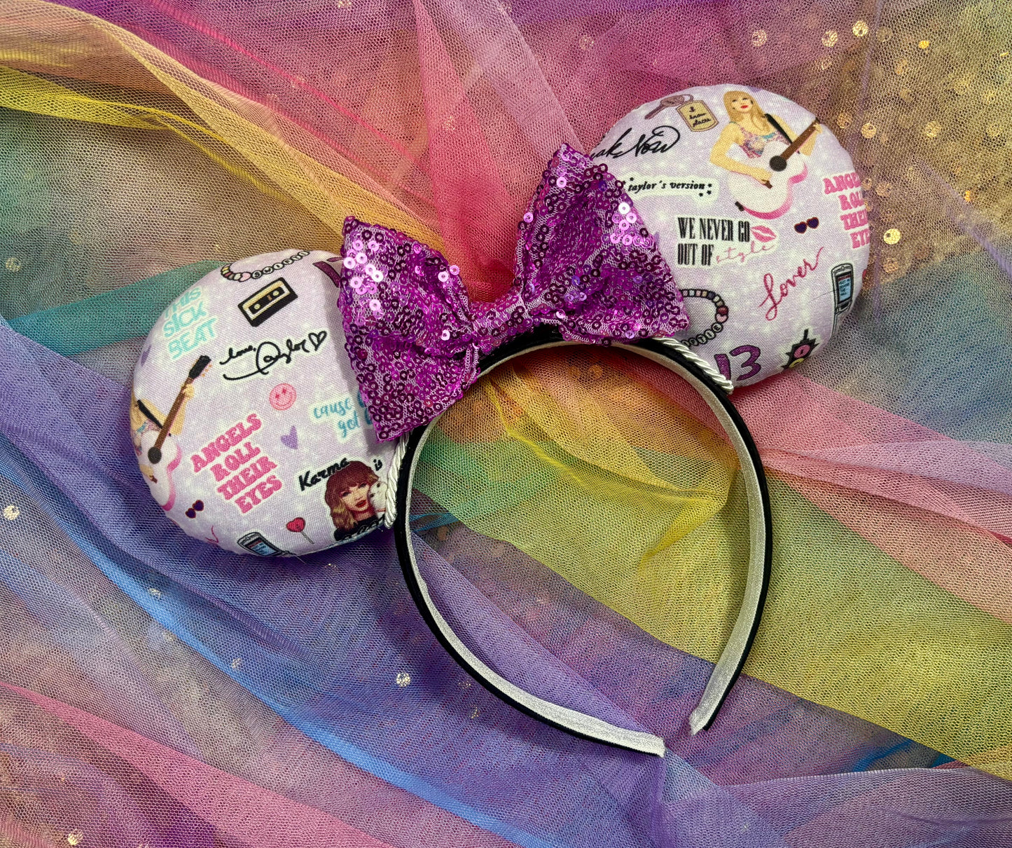 Lilac Taylor Swift Collage Mouse Ears – Handmade Disney-Inspired Headband with Purple Sequin Bow