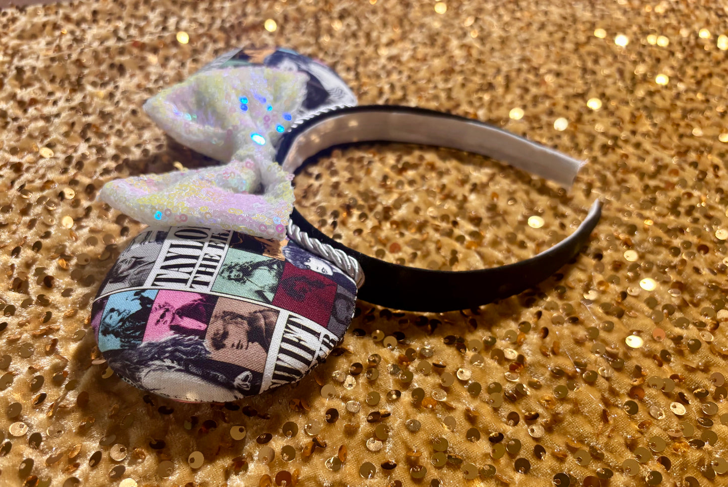 Handmade and ready to ship ERAS EARS with the fabric on both the front and back. On a black universal sized headband. The set has a WHITE IRIDECSENT sequin bow, but you can request any sequin color in your order and I'll attach it.
