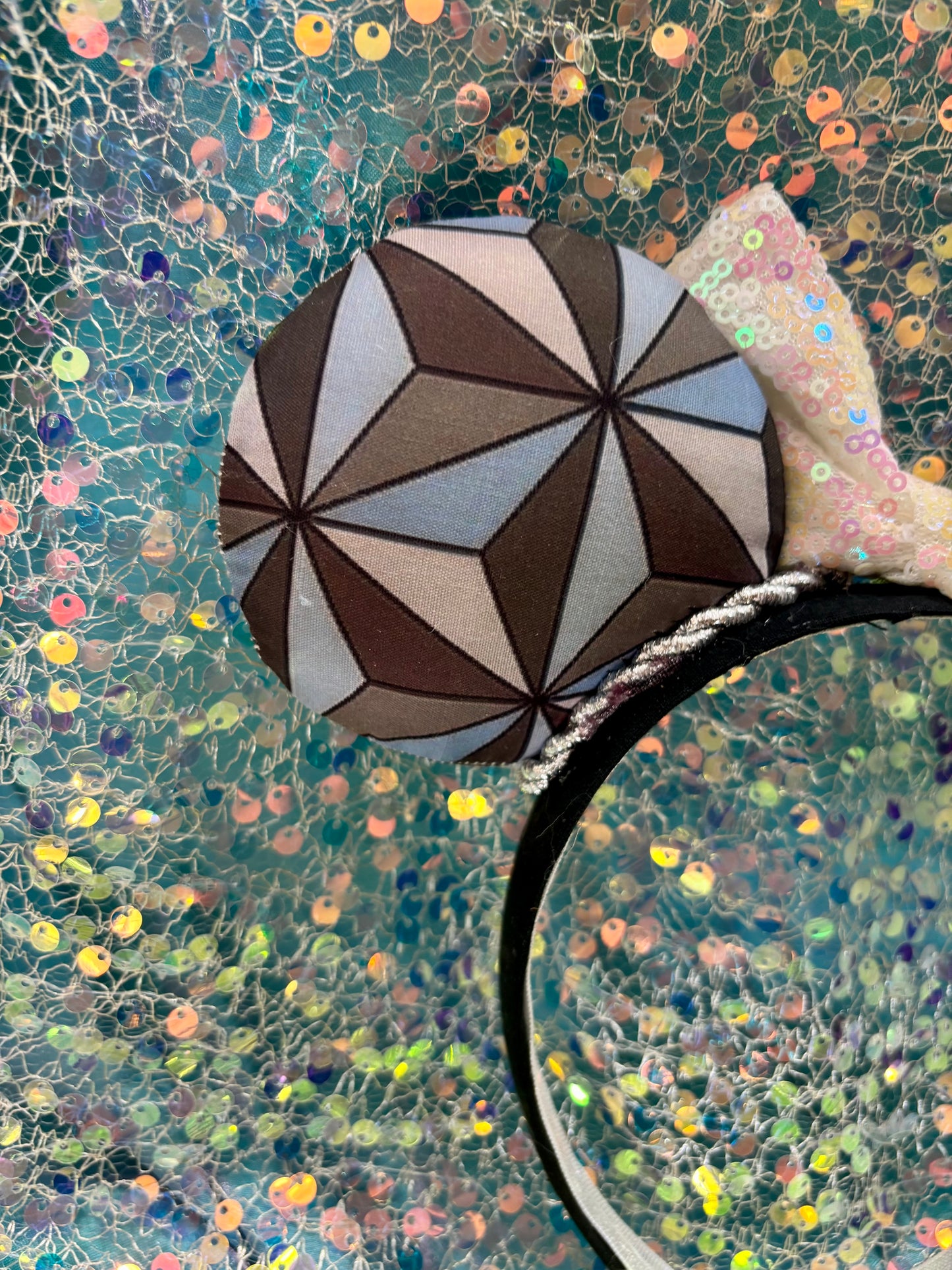 Epcot Inspired Mouse Ears | Handmade Spaceship Earth Disney Headband with Iridescent Sequin Bow