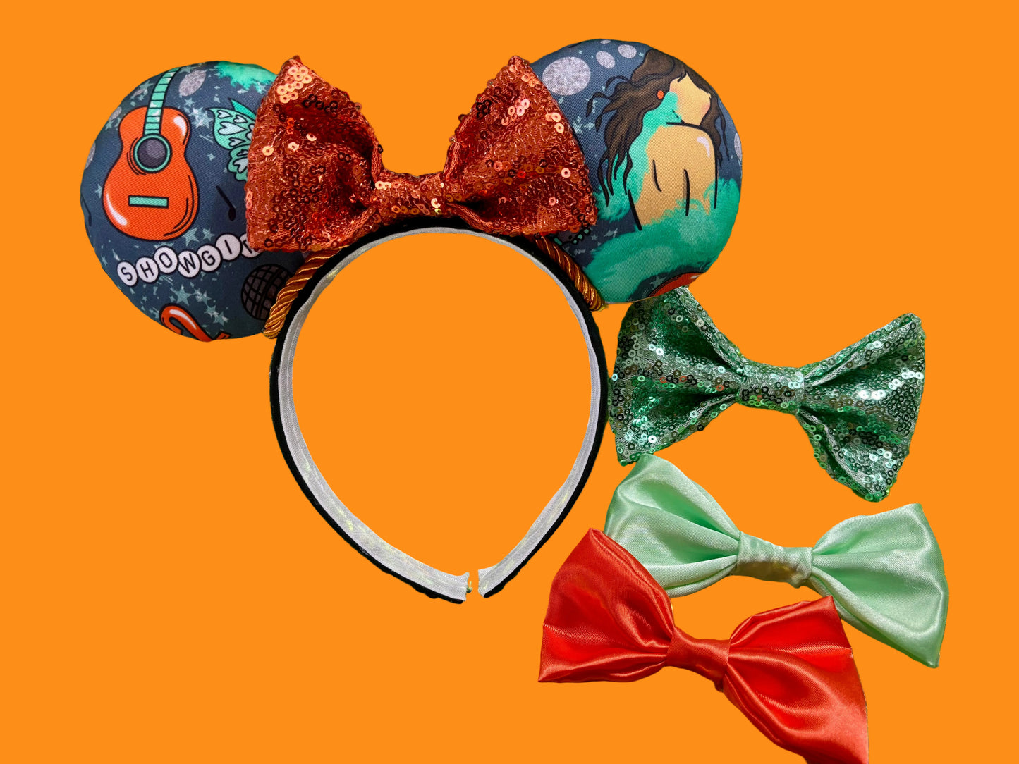 Handmade and ready to ship Actually Romantic Mouse ears with an orange sequin bow, orange twisted trim and on a black universal sized headband. Shown with other bow options if you would prefer a different one. Just write a note in your order and I will happily attach the bow you want.