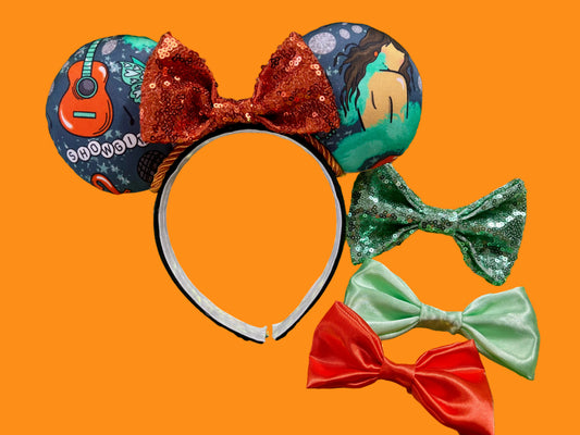 Handmade and ready to ship Actually Romantic Mouse ears with an orange sequin bow, orange twisted trim and on a black universal sized headband. Shown with other bow options if you would prefer a different one. Just write a note in your order and I will happily attach the bow you want.
