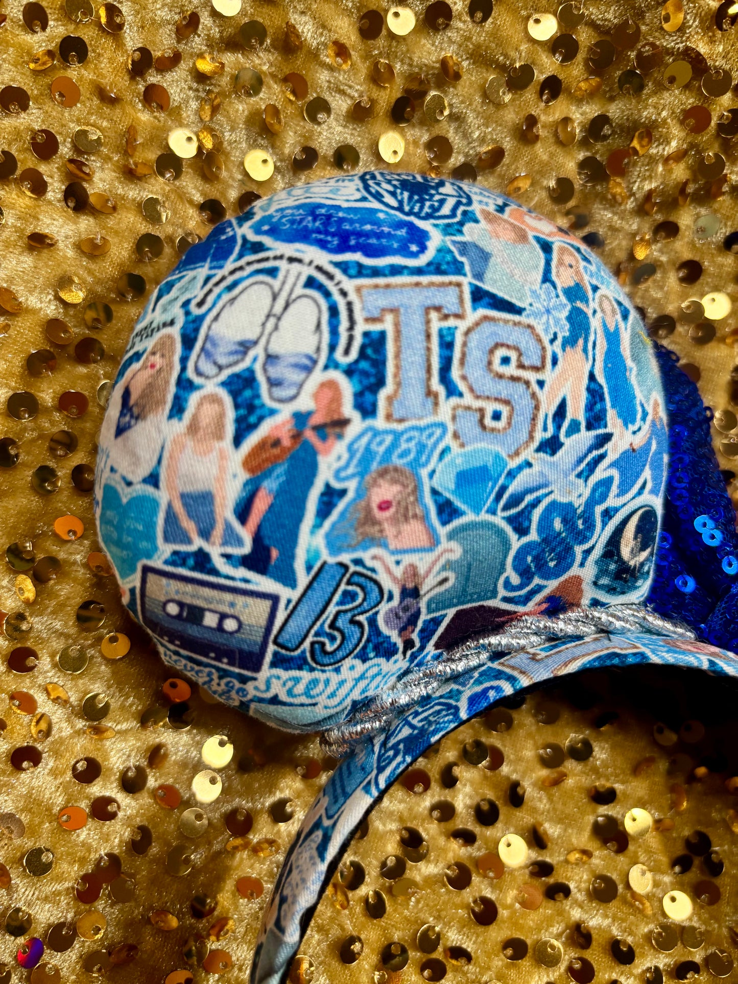 Blue Mouse Ears Headband with Silver Trim & Sequin Bow