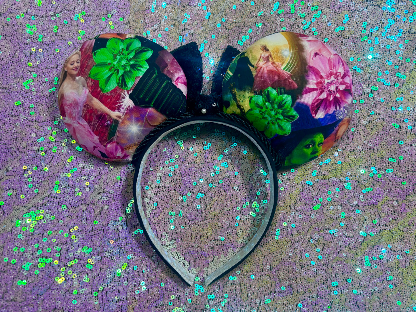 Mouse ears with floral design and black sequin bow 