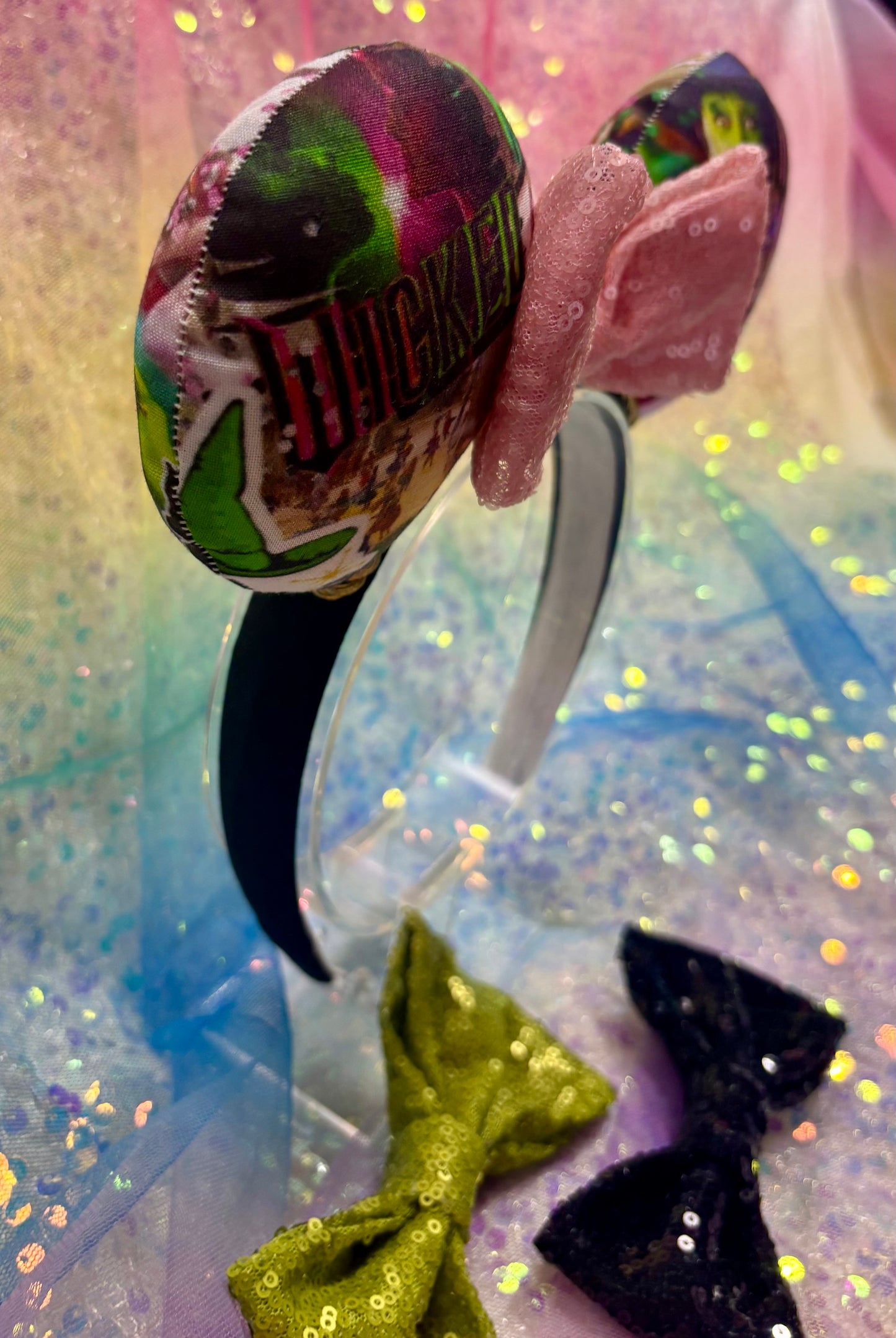 Wicked Collage Mouse Ears – Elphaba & Glinda Inspired Handmade Disney Headband | Pink Sequin Bow