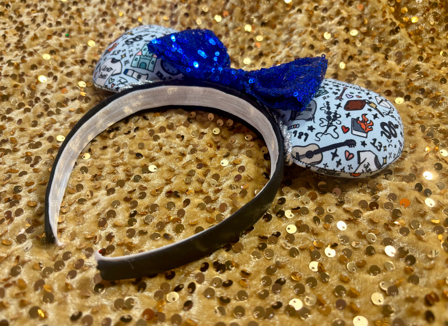 Tay Doodles Mouse Ears | Handmade Taylor-Inspired Doodle Disney Headband with Blue Sequin Bow
