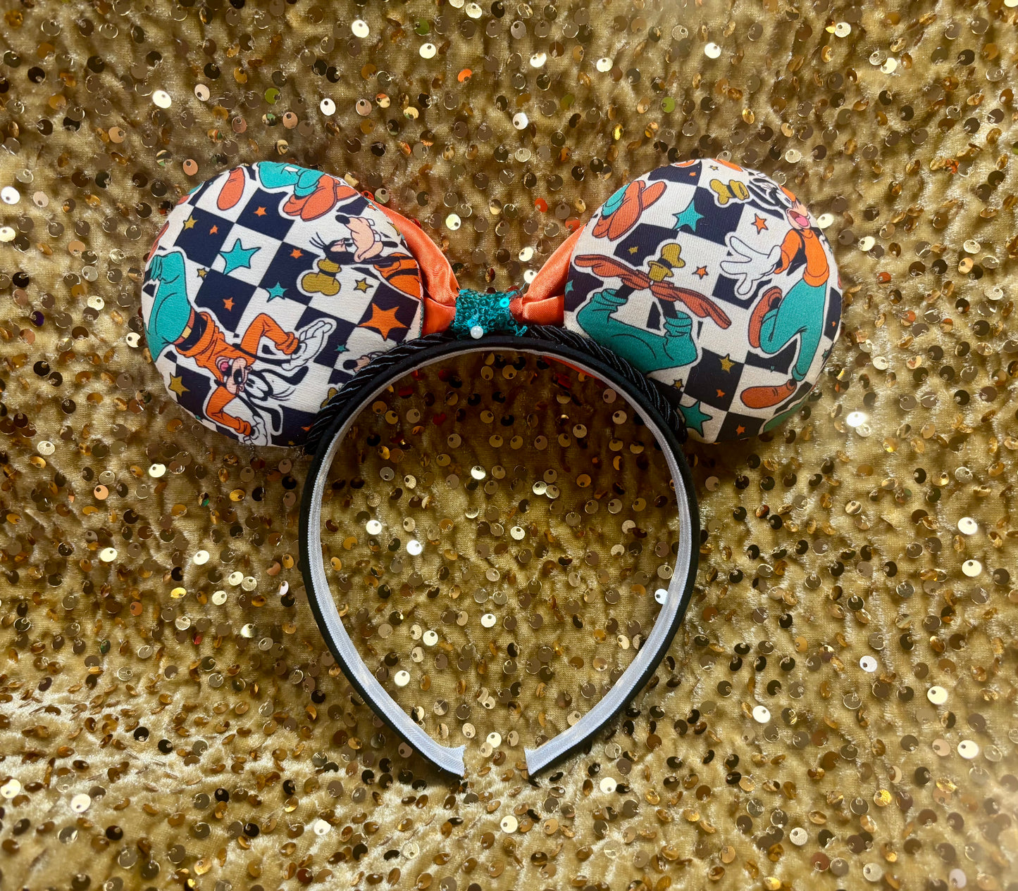 Goofy Mouse Ears | Classic Character Fabric Orange Satin & Turquoise Sequin Bow Headband