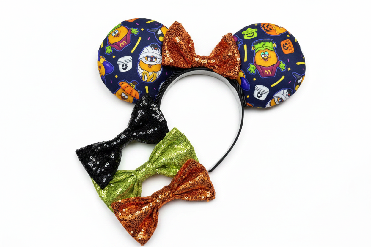 Handmade and ready to ship. The are some nostalgic chicken nuggets from the 90's in their Halloween costumes.  The Halloween pals are on these are well. Attached to a black headband with a lime green sequin bow. Shown on a white background. Also pictured are other bows as I have most colors and will attach any color bow you want. Shown are Orange, black and lime green sequin.