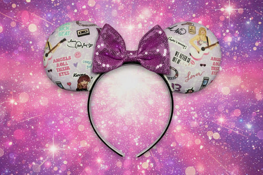 Lilac Taylor Swift Collage Mouse Ears – Handmade Disney-Inspired Headband with Purple Sequin Bow