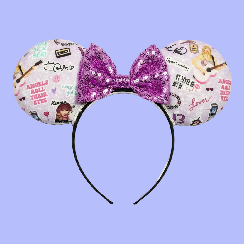 Handmade and ready to ship Lilac Mouse ears with Tay inspired images on the front and back of mouse ears with a lavender purple bow.