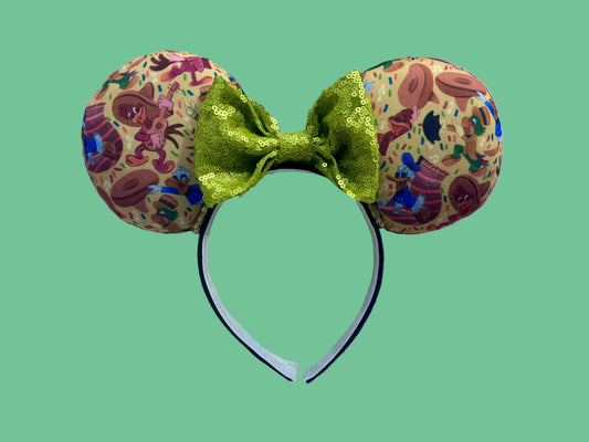Handmade and ready to ship. These are perfect for Epcot. Three Caballero themed with a lime green sequin bow on a universal sized black poly cotton headband making mouse ears. 