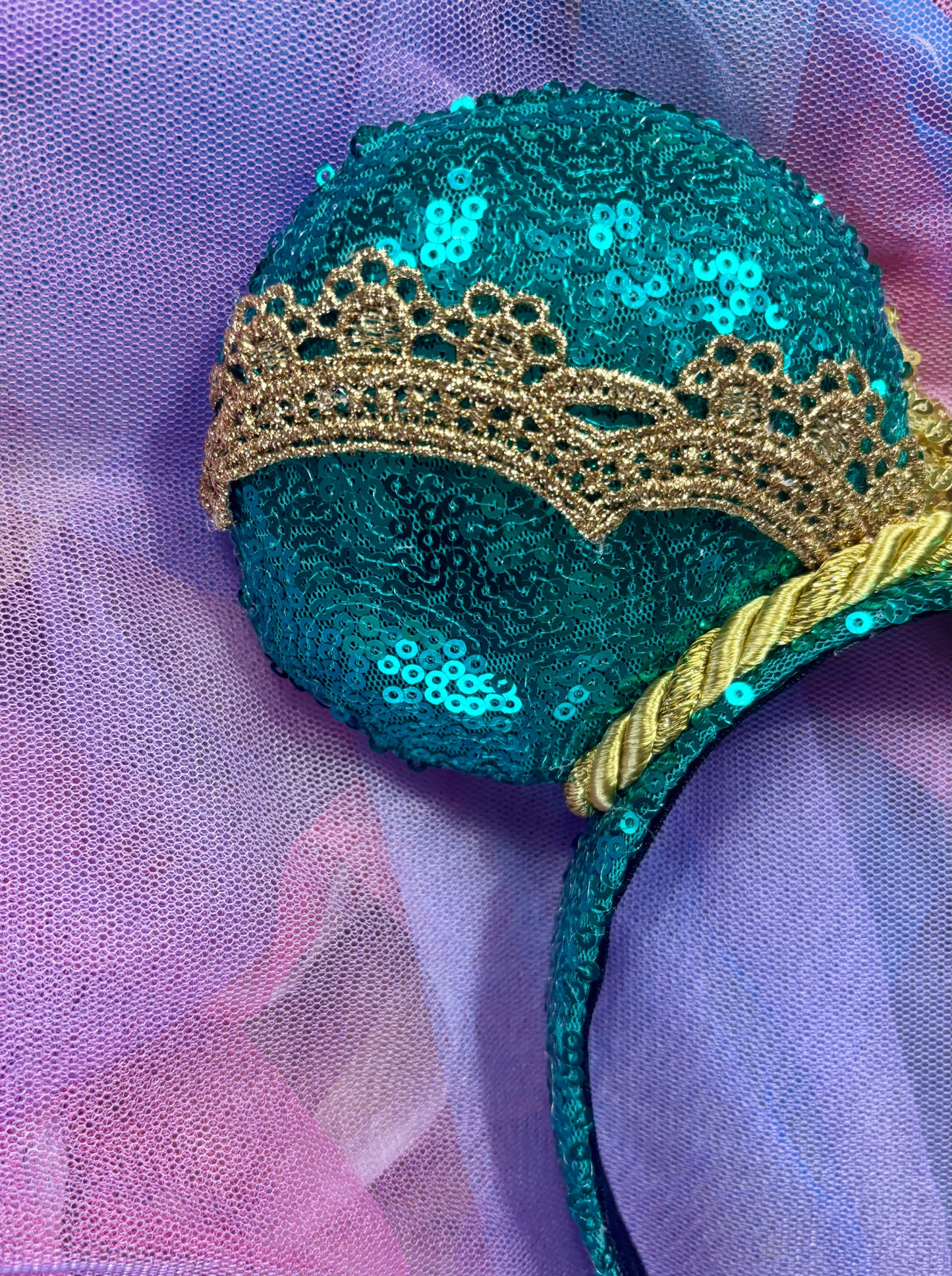 Jasmine Inspired Mouse Ears – Princess Aladdin Handmade Disney Headband | Teal & Gold Sequin Bow