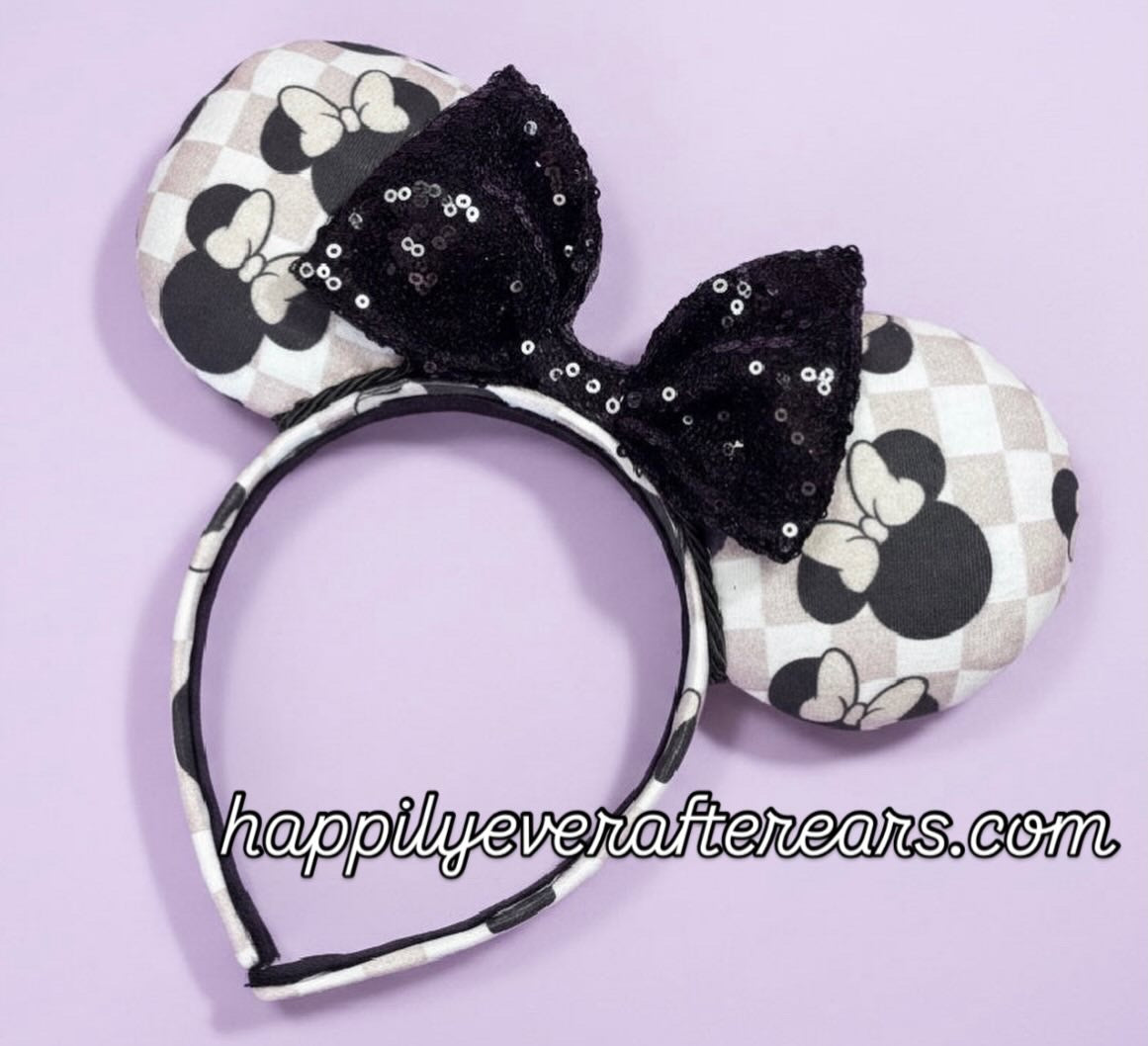 Mouse Checkered Ear Headband – Handmade Sequin Bow Accessory